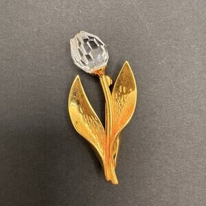 Vintage Swarovski Crystal Gold‎ Tone Tulip Flower Pin Brooch Swan Signed 1.6"